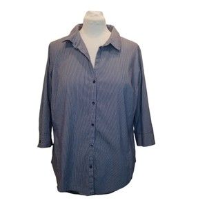 Worthington Size 1X Button Up Blouse Blue White Striped 3/4 Sleeve